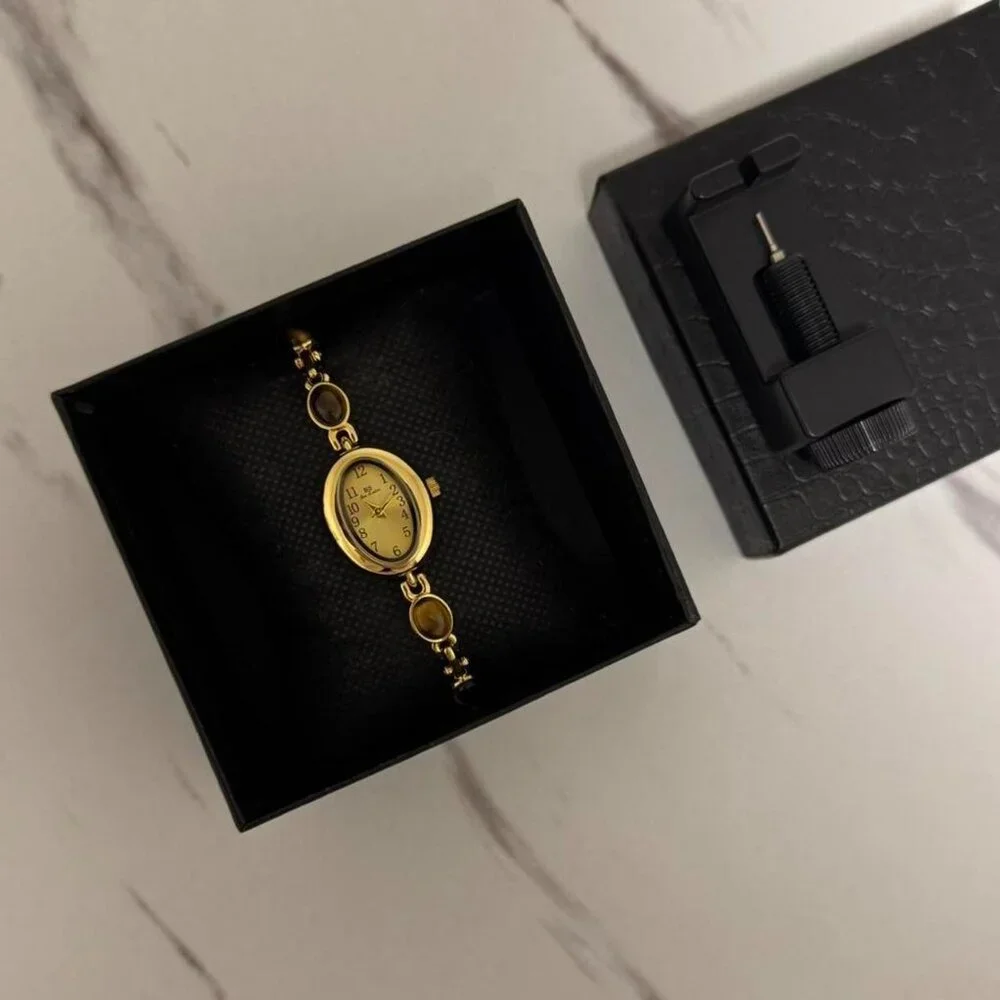SKU:0007 cute gold white mini watch bracelet with‎ brown natural stone inserts